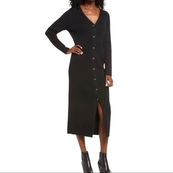 Treasure & Bond Dresses & Skirts - Treasure & Bond Dress V Neck Midi Sweater Ribbed Dress Black Size Large